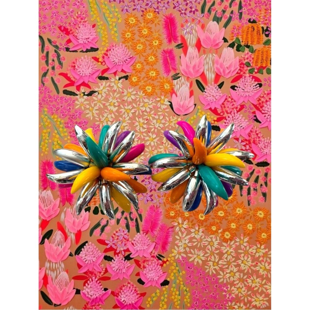VTG Colorful French Flower Spike Statement Clip On Earrings